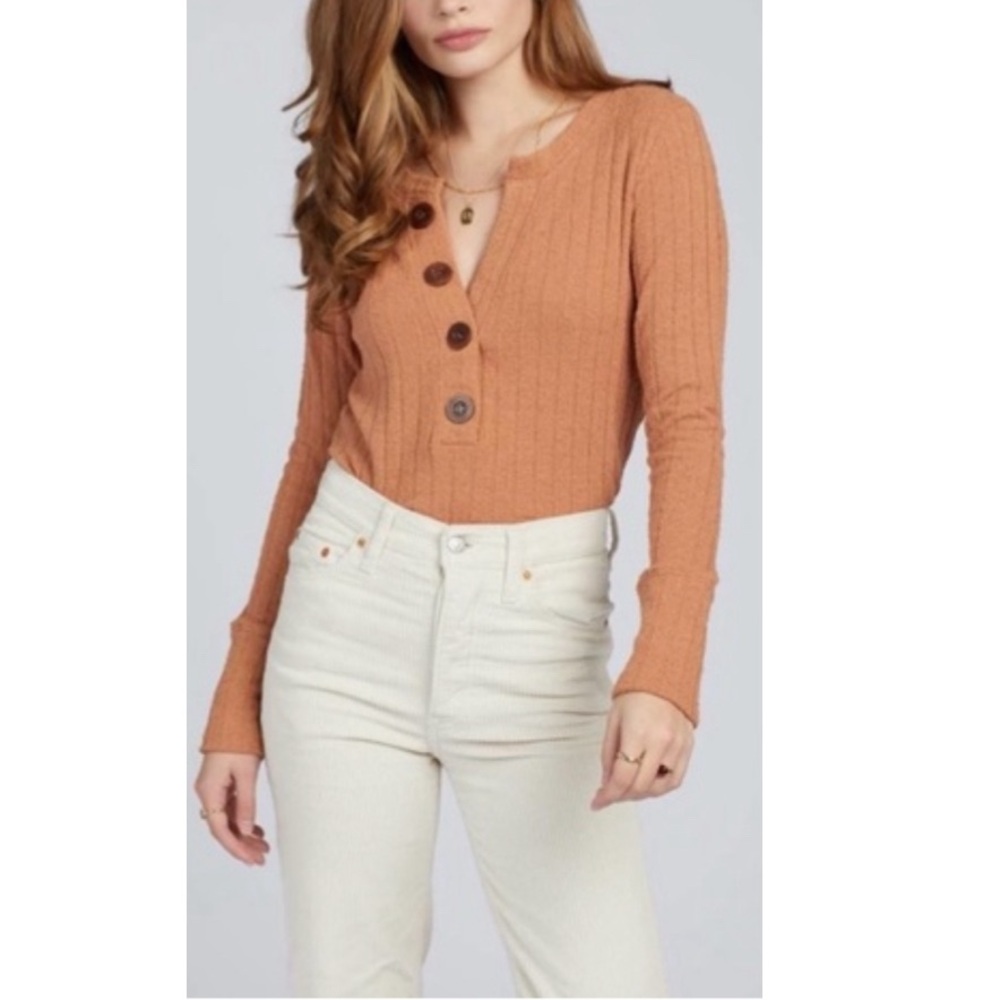 Free People Oliver Clay Long Sleeve Henley Button Front Raw Hem Ribbed Top